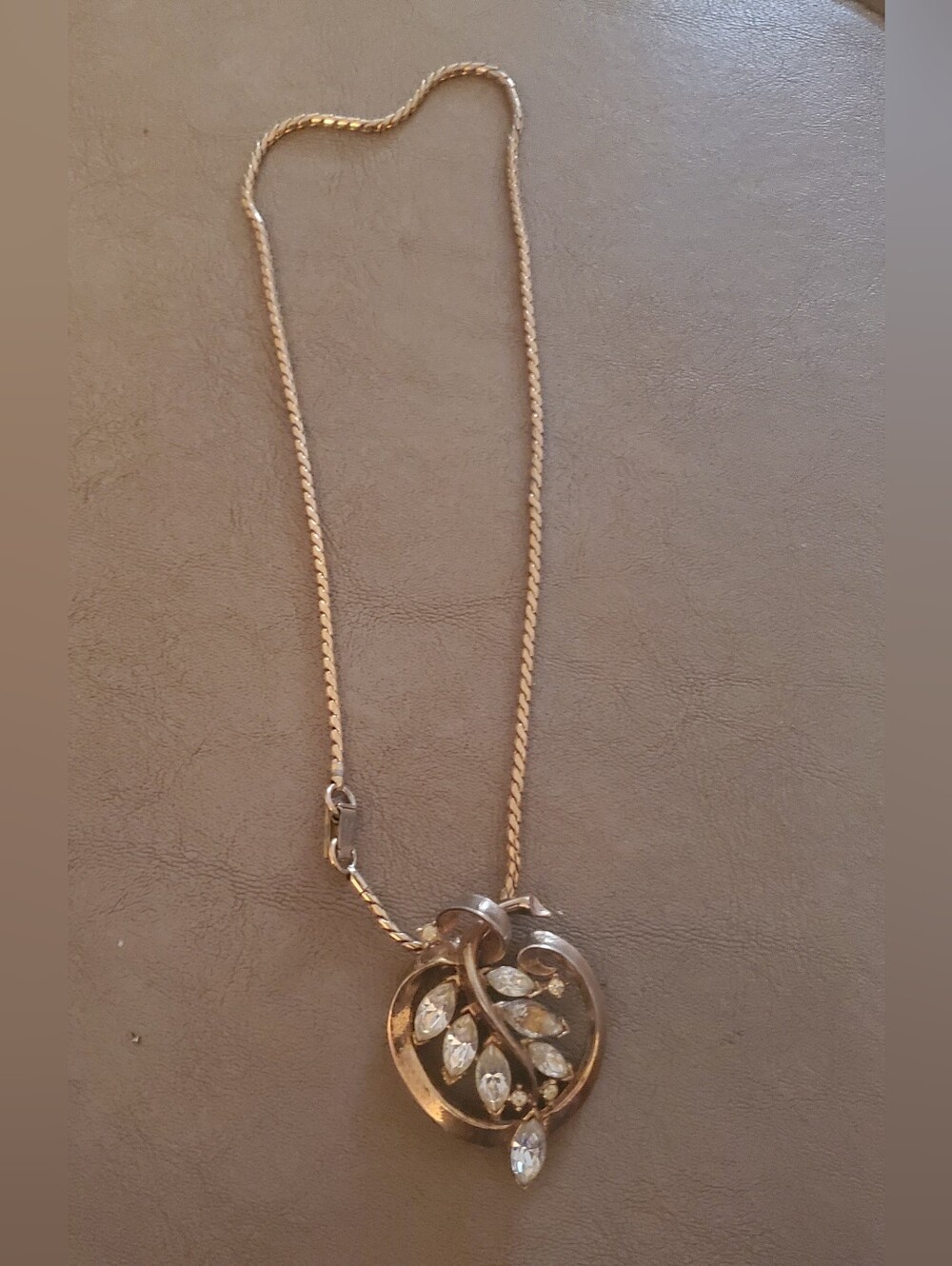 Gold-Tone Leaf Pendant Necklace with Clear Stones - Elegant Accent
